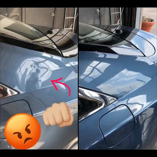 Before and after paintless dent repair on a blue car door - Oklahoma City hail damage