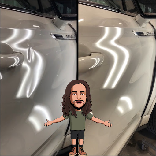 Before and after PDR on a silver SUV door - sharp crease restored without repainting