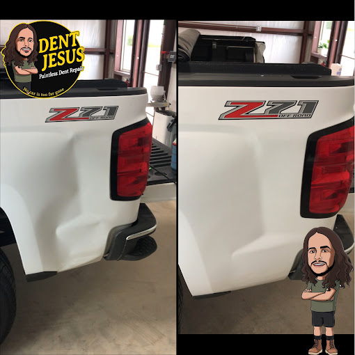 Before and after paintless dent repair on a white truck bed - factory lines restored